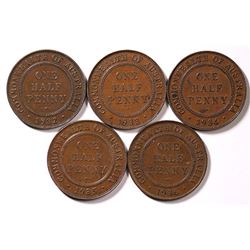 Australia, Halfpenny, George V 1932, 1933, 1934, 1935, 1936