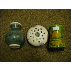 A Poole Pottery Delphis Vase, decorated greens and oranges, 15 cm, a Rye pottery vase, 15 cm, and a