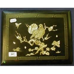 Three Japanese Ivory and Lacquered Panels, decorated birds and figures, a Victorian papier mache pic