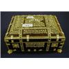 Image 1 : An Indian Sandlewood Tortoiseshell and Ivory Casket, decorated pierced scroll work, on claw feet, 22