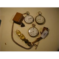 A Open Face Pocket Watch, two other pocket watches, a set of sovereign scales, and other items