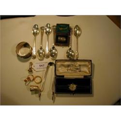 An Omega Ladies Wristwatch, two 9 carat gold rings, and a 22 carat gold wedding bands, a pair of sil