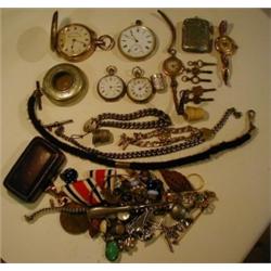 Two Fob Watches, an open face pocket watch, other watches, a silver Albert, costume and other jewell