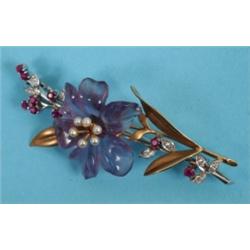 A Garrards Platinum, 14ct Gold, Diamond, Seed Pearl, and Ruby Flower Brooch, boxed See colour illus