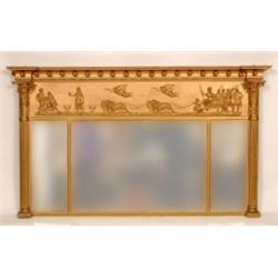 A 19th Century Three Plate Overmantle Mirror, the ball frieze above classical scene with a chariot a