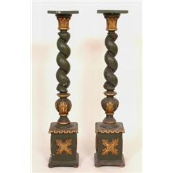 A Pair of 19th Century Giltwood and Painted Torcheres, having barley twist columns on a square box