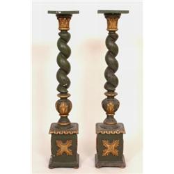 A Pair of 19th Century Giltwood and Painted Torcheres, having barley twist columns on a square box