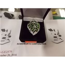 RING - 2.24TCW  - MULTIPLE BRILIANT GREEN CHROME DIOSIDE GEMSTONES IN STERLING SILVER LEAF DESIGNED 