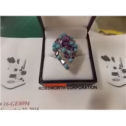 RING - 2.06 TCW CLUSTER OF TURQUOISE & AMETHYST IN STERLING SILVER SETTING - INCLUDES CERTIFICATE - 