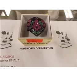 RING - 6.24TCW - CLUSTERS OF RUBY, EMERALD, & SAPPHIRE IN STERLING SILVER SETTING -  - INCLUDES CERT