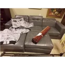 BONDED LEATHER SOFA - GREY - RECLINING HEAD RESTS WITH LARGE OTTOMAN