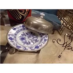 VINTAGE DELF BLUE STYLE SERVING DISH WITH WARMER