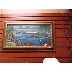 GOLD FRAMED PICTURE -ISLAND IN THE LAKE - 33" X 19