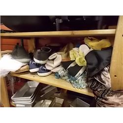 SHELF LOT OF SHOES, SLIPPERS SKATES SCARFFS