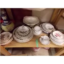 SHELF LOT ASSORTED CHINA PLATES AND MORE