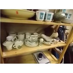 SHELF LOT OF COLLECTABLES - DISHWARE AND MORE