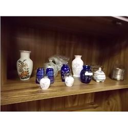 SHELF LOT COLLECTABLES, VASES, COASTERS