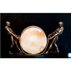 Two Male Figures Carrying Drum, Bronze Sculpture with Onyx Cylinder and Chain