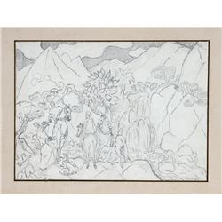 Eugen von Kahler, Orientalist Landscape, Pen Drawing