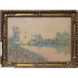 House on a Pond, Gouache Painting