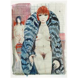 Charles Levier, Nudes in Fur II, Watercolor Painting