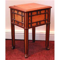 An late Victorian gothic revival satin birch pot cupboard with carved rosewood overlay and singl...