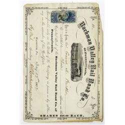 Bachman Valley Rail Road Co. of Pennsylvania, 1872 Stock Certificate.