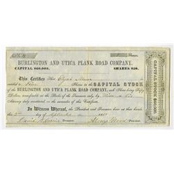 Burlington and Utica Plank Road Co., 1850 Issued Stock Certificate