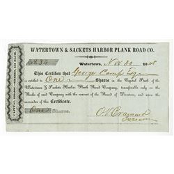 Watertown & Sackets Harbor Plank Road Co., 1848 Issued Stock Certificate