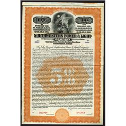 Southwestern Power & Light Co., 1913 Specimen Bond