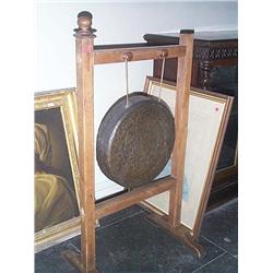 A PAIR OF GREEN-PAINTED METAL JARDINIÈRE STANDS, each now with Victorian copper preserving pans, lat
