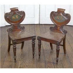 A PAIR OF IRISH WILLIAM IV MAHOGANY HALL CHAIRS, by WILLIAMS & GIBTON, circa 1835, each with foliate