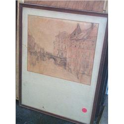 PERCY GETHIN (19th CENTURY), Pencil, A continental village with canal bridge, 81/2 x 91/2in. (...