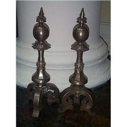 A PAIR OF VICTORIAN BRASS AND STEEL KNOP-STEMMED FIRE DOGS ON TRIFORM BASES, SECOND HALF 19th CENTUR