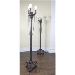 A PAIR OF GRAND TOUR BRONZE THREE-LIGHT TORCHERE GASOLIERS, circa 1835, either Neapolitan or English