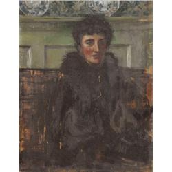 SARAH HENRIETTA PURSER, RHA (1848-1943), Oil on panel, Study of a young woman seated in an aesth...
