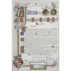 CHARLES BRAITHWHAITE (1876-1941), Pen and watercolour, A framed presentation addressed to Sir Jo...