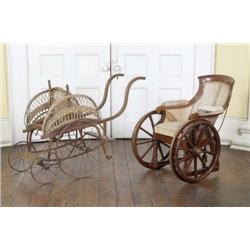 A VICTORIAN RED, BLACK AND, YELLOW-JAPANNED METAL AND WICKER, DOUBLE CHILD' PUSHCHAIR, MID 19th...
