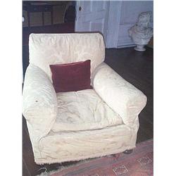 A PAIR OF LATE VICTORIAN STAINED-BEECH EASY ARMCHAIRS, with yellow damask loose covers above a flora