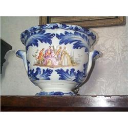 A PAIR OF LARGE GLAZED POTTERY, JARDINIÈRES, 19th CENTURY, decorated in blue, and painted with 1...