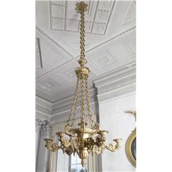 AN EARLY VICTORIAN GOLD-PAINTED, SIX-LIGHT GASOLIER, circa 1840, attributed to THOMAS MESSENGER, w..