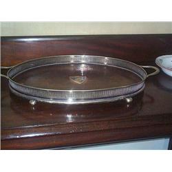 AN OVAL PLATED GALLERY TRAY, circa 1900, with oak centre, 68cms wide (over handles)., e200/300...