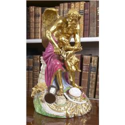 A BLOOR DERBY GROUP OF CHRONOS, circa 1825-30, clipping Cupid's wings on a scrolling domed base with
