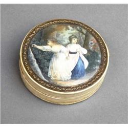A GEORGE III IVORY BOX, circa 1800, the lid inset with a miniature gouache painting of two little gi