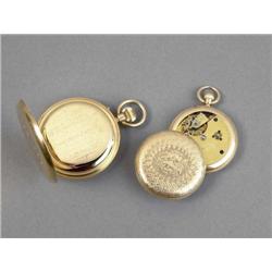 AN 18ct GOLD HALF CASED POCKET WATCH, BIRMINGHAM, 1919, white enamel dial, with seconds, engraved wi