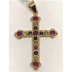 #11-18KT YELLOW GOLD RUBY & SAPPHIRE CROSS PENDANT