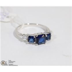 #101  BLUE SAPPHIRE & CZ RING .925 STERLING SILVER