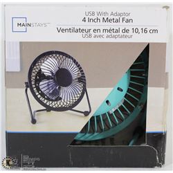MAINSTAYS 4INCH METAL FAN PLUGS INTO USB PORT
