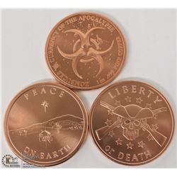 LOT OF 3 FINE COPPER 1OZ COINS