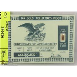 14K GOLD INGOT ONE GRAIN WITH COA